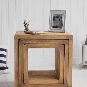 Solid Teak Wood Nesting Table Set of 3 - Stackable Side Tables